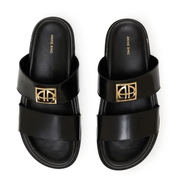 Anine Bing Parker monogramed leather shiny slides - Picture 8 of 11